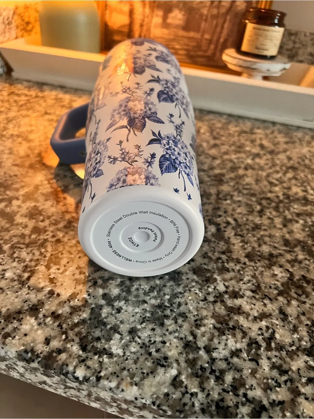 Wellness Blue Floral Travel Tumbler with Handle and Straw